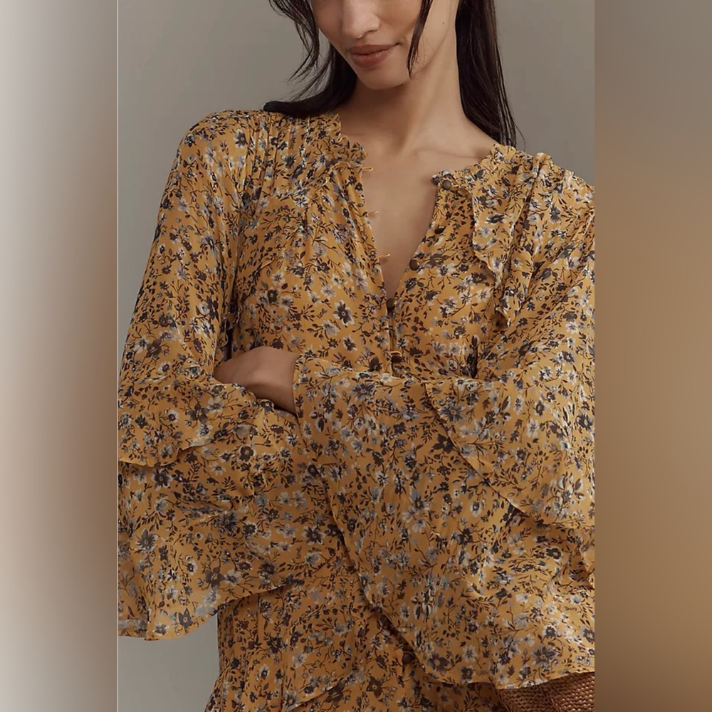 Anthropologie Ruffle Swing Romper, Floral Yellow, NWOT, Medium - Picture 4 of 8